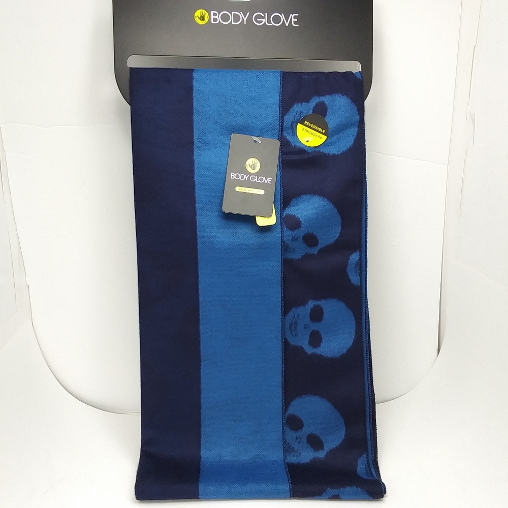 BODY GLOVE Unisex Navy & Bright Blue Alien Skulls & Stripes Reversible Scarf NWT